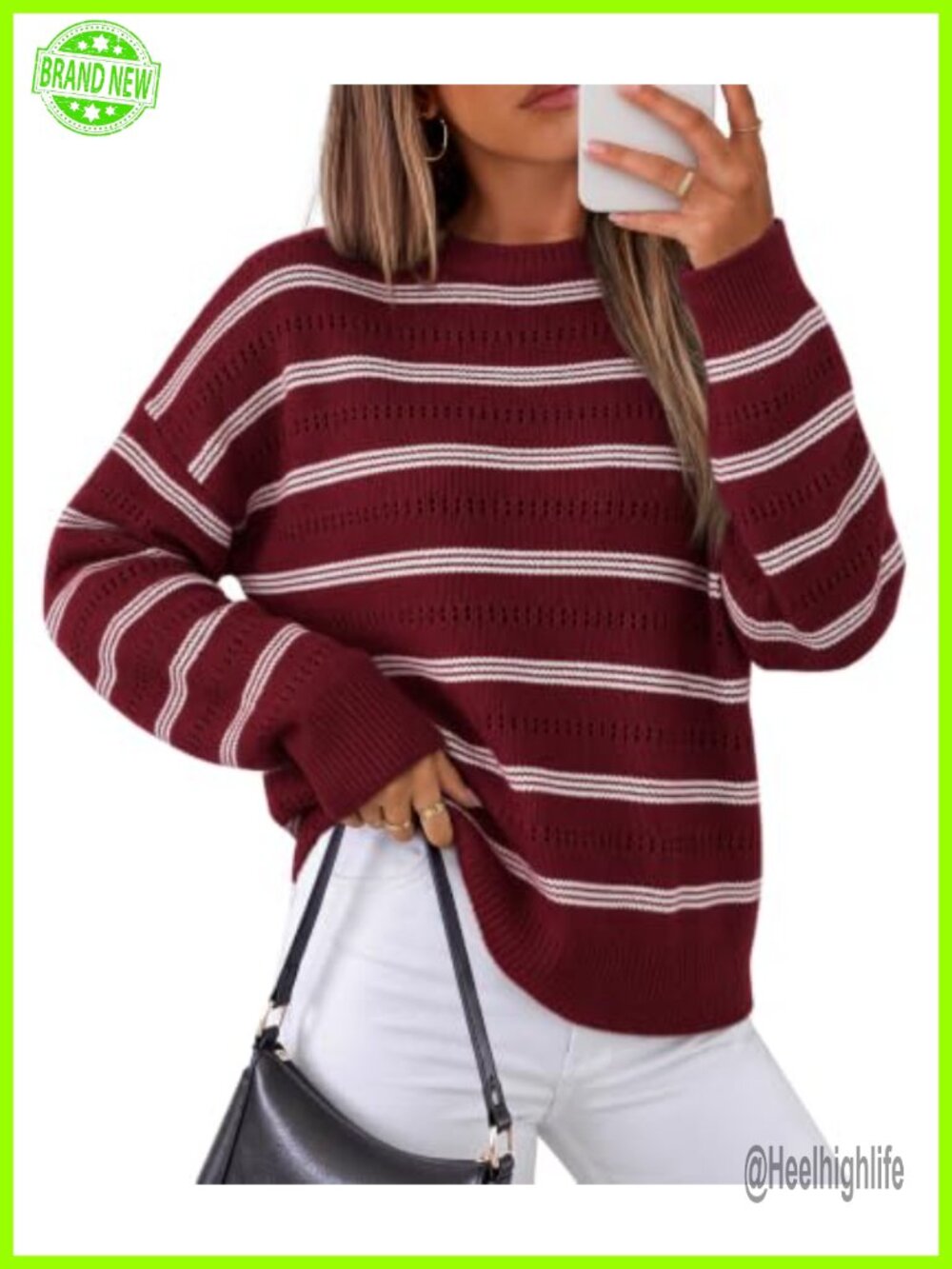 Women's Striped Knit Pullover Sweater Crew Neck Long Sleeve Loose Fit